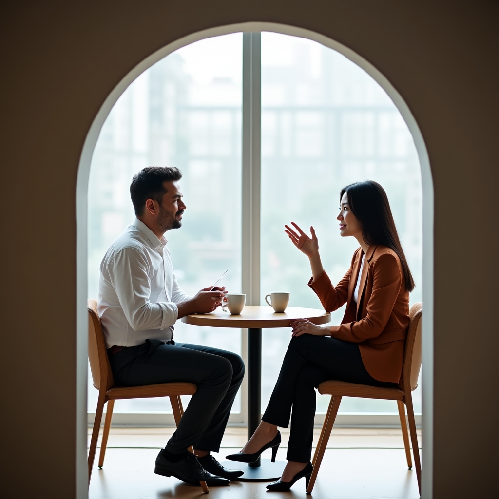 Doi profesioniști discutând despre carieră la o cafea, într-un birou modern
